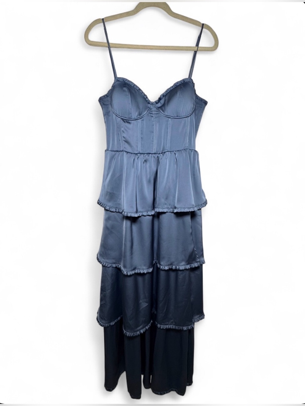 Altar'd State Stellni Satin Maxi Dress Tiered Ruffle Skirt Corset Bodice in Blue - Picture 2 of 16